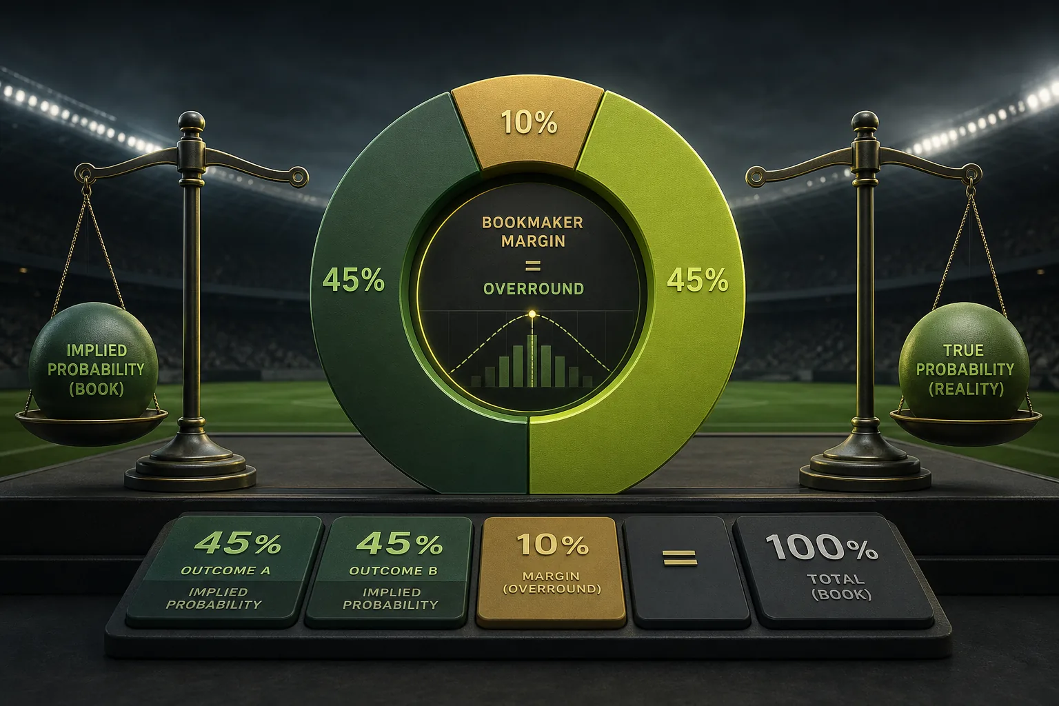 Probability ring and balance scales illustrating bookmaker margin and overround
