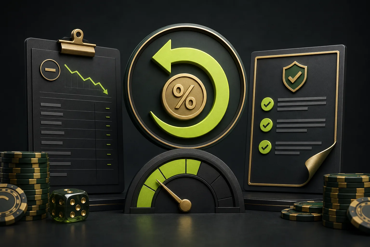 Return arrow, loss ledger and capped gauge illustrating casino cashback rules