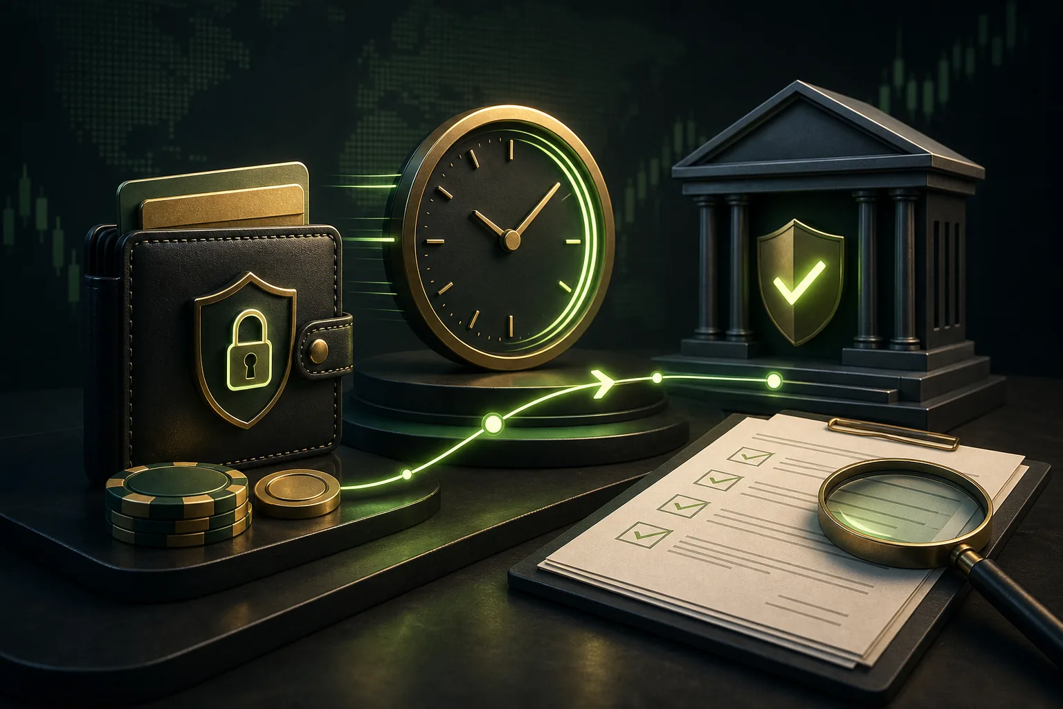 Secure wallet, clock and bank trail illustrating online casino payout speed verification