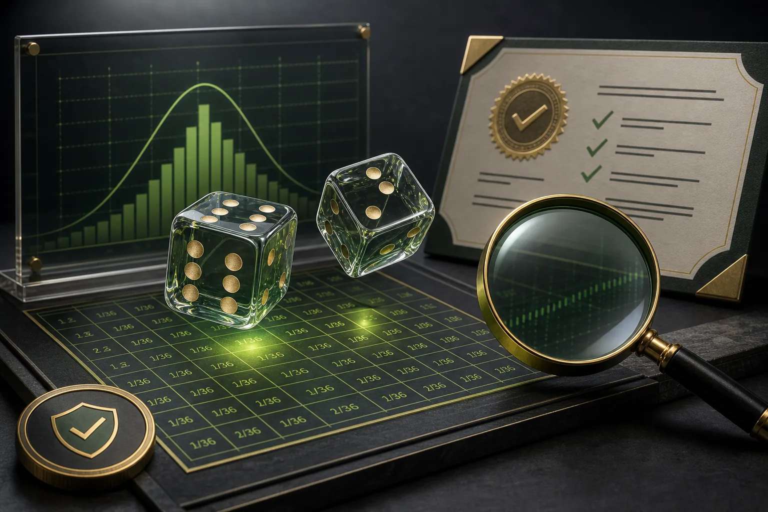 Transparent dice, probability chart and audit certificate illustrating casino RNG testing