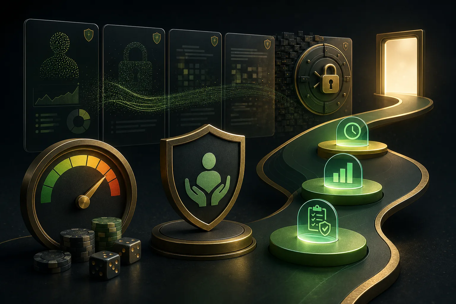 Privacy-protected data panels and staged pathway illustrating financial risk assessments