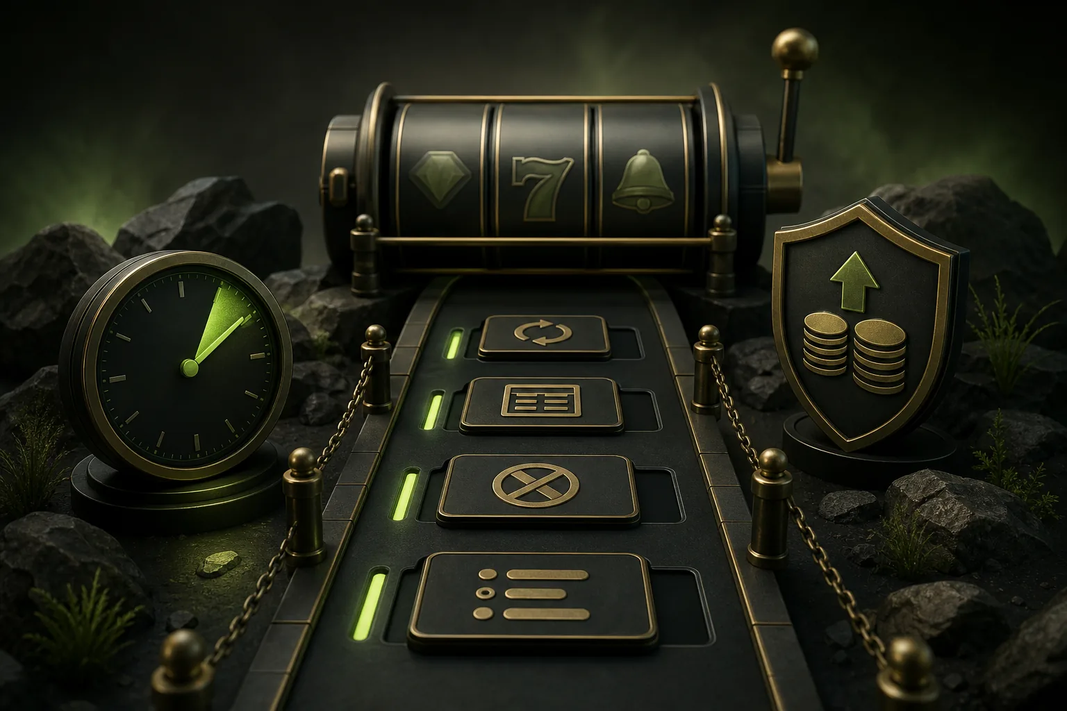 Slot reel, clock and rule pathway illustrating free spins terms and limits