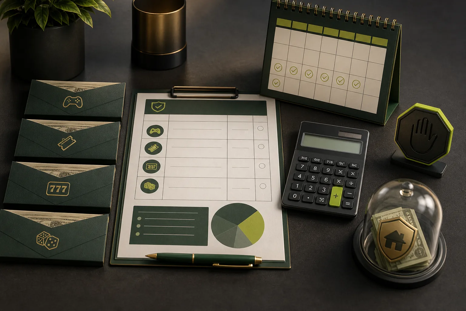 Budget worksheet, envelopes, calculator and stop marker illustrating gambling limits