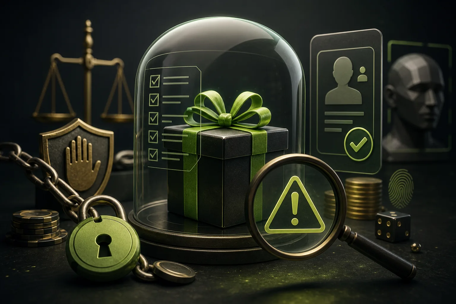 Gift box, withdrawal lock and warning lens illustrating no-deposit bonus risks