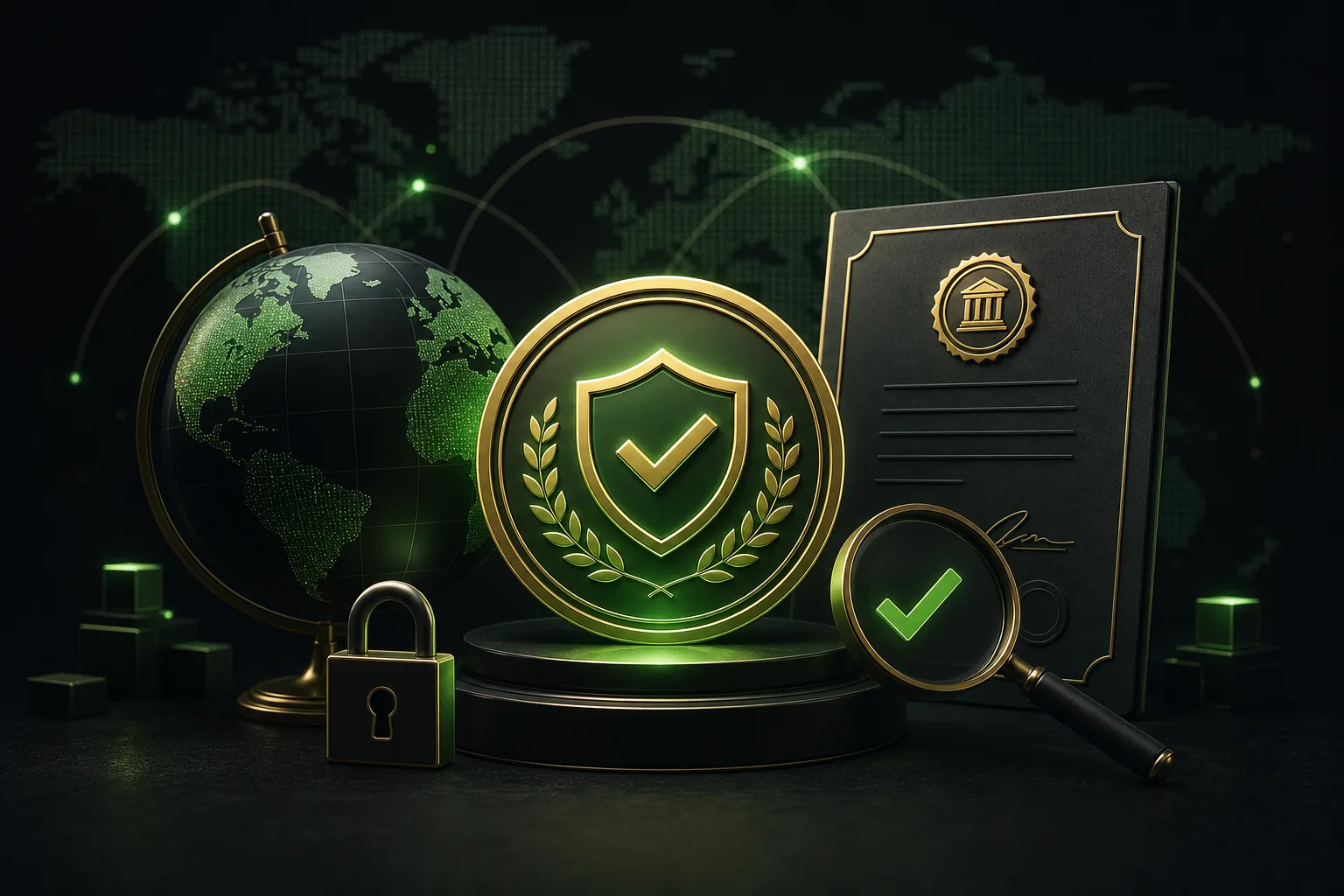 Regulatory seal, licence document and globe illustrating online casino licensing checks