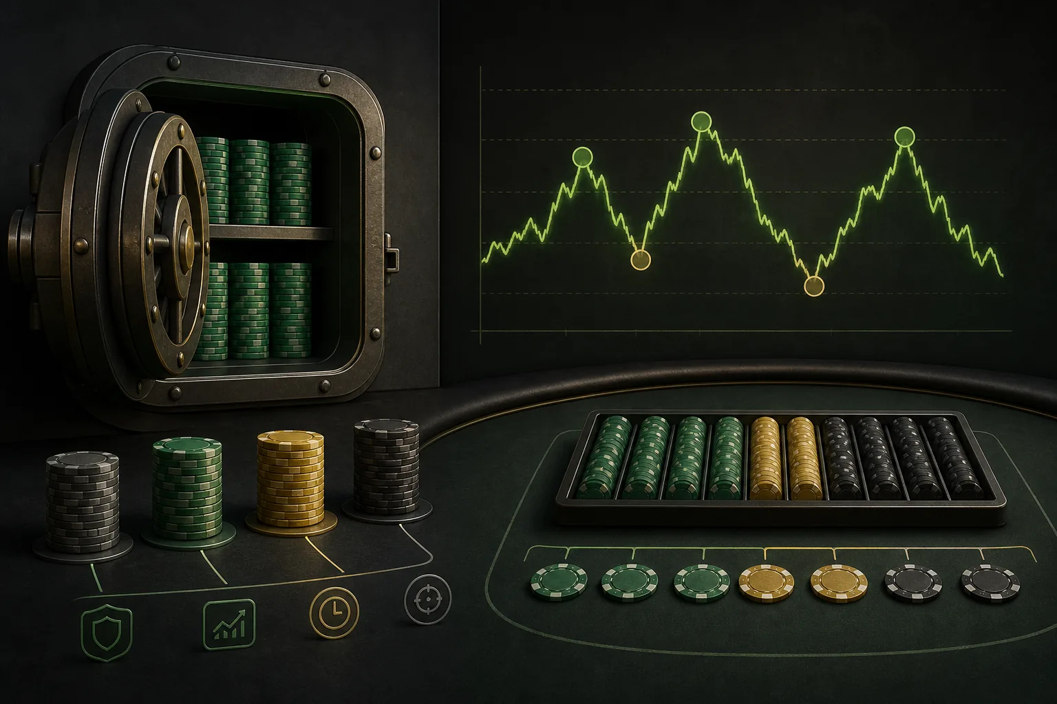 Poker chip reserves, variance chart and vault illustrating bankroll management