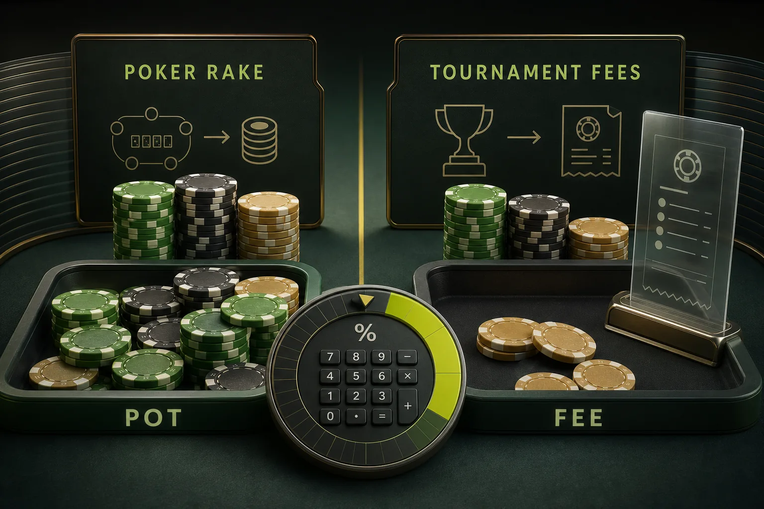 Poker chips divided into pot and fee trays illustrating rake and tournament costs