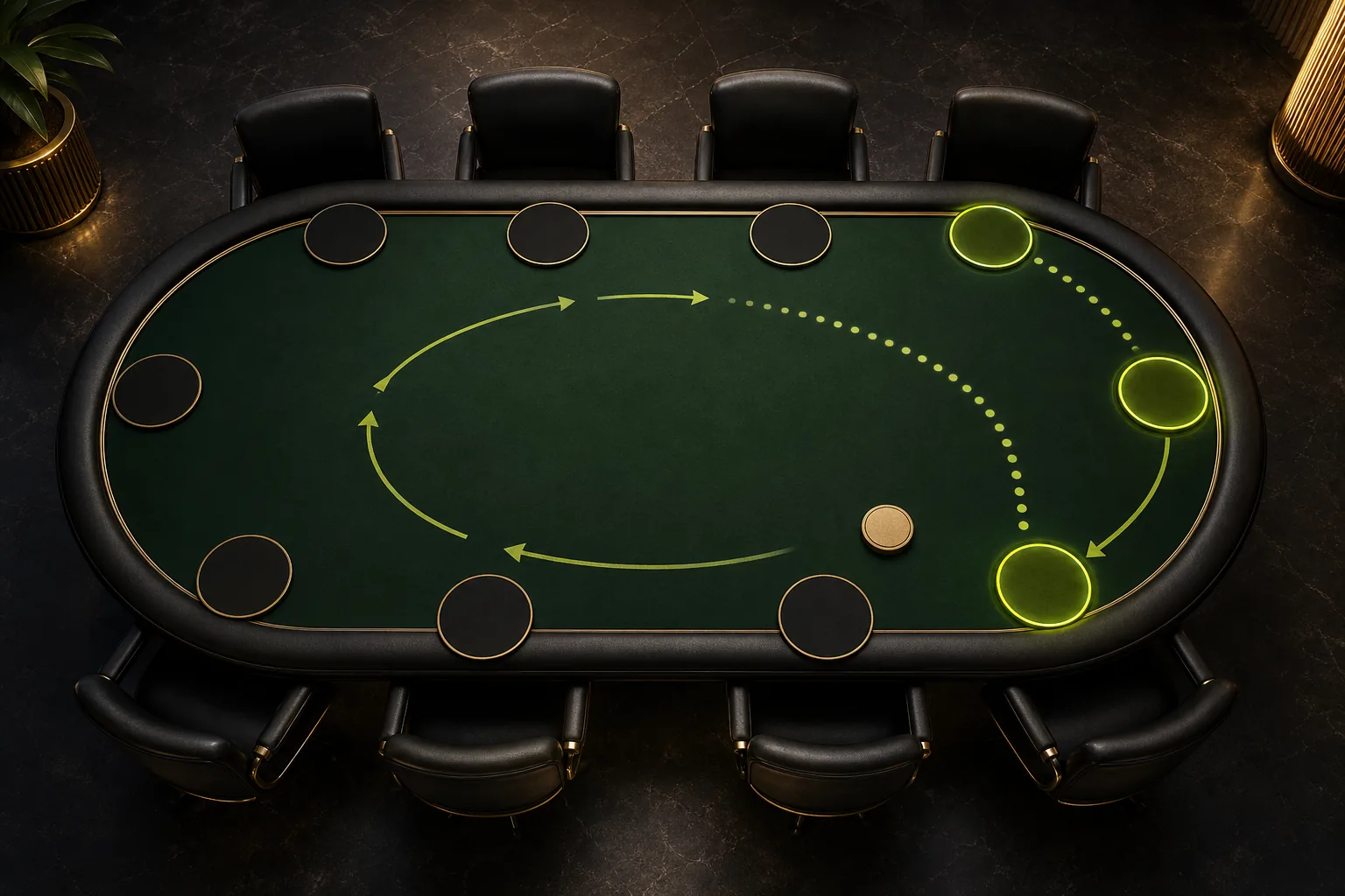 Oval poker table with highlighted late seats illustrating table position