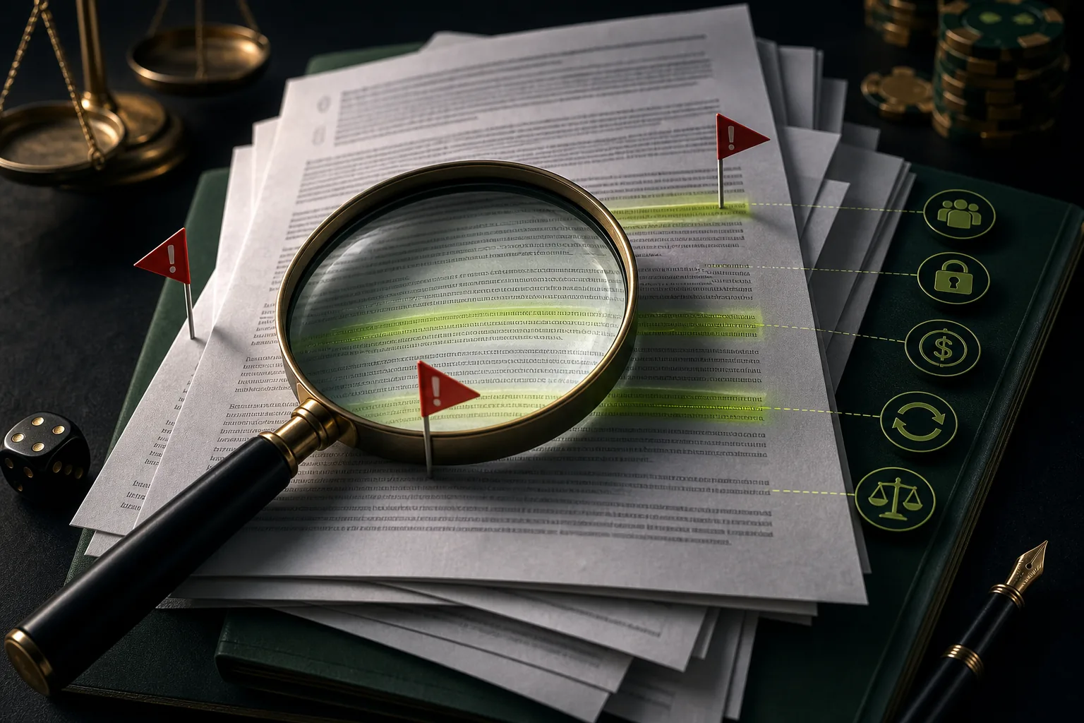 Contract pages, magnifying lens and warning markers illustrating gambling terms review