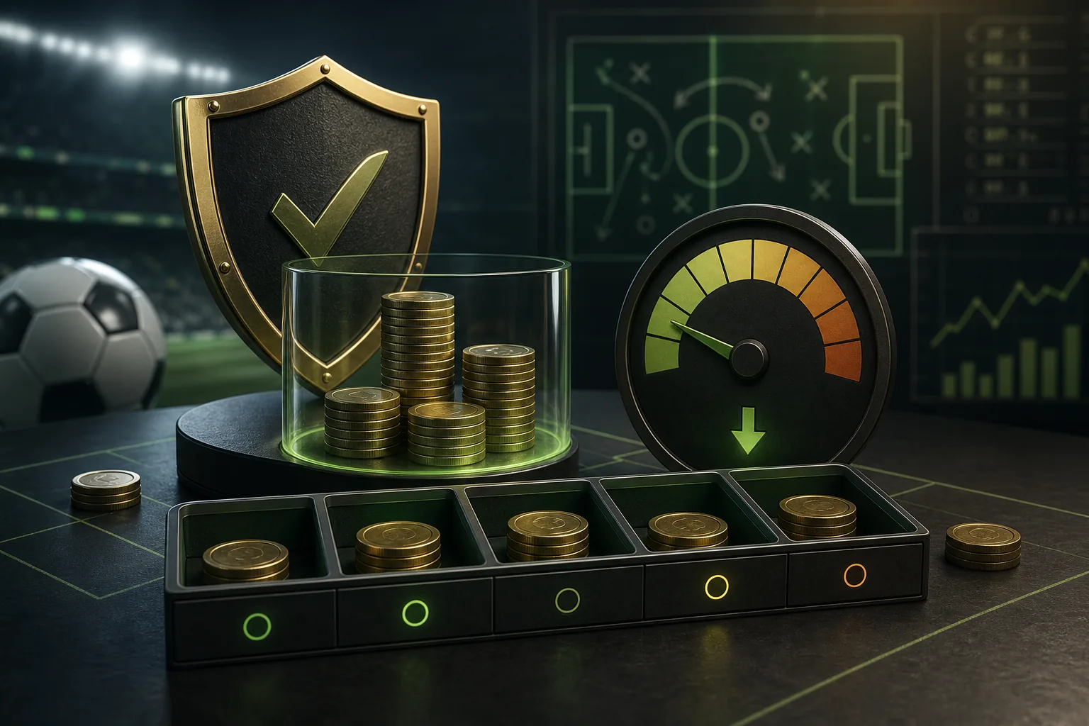 Protected coin stacks and risk gauge illustrating a responsible sports betting bankroll plan