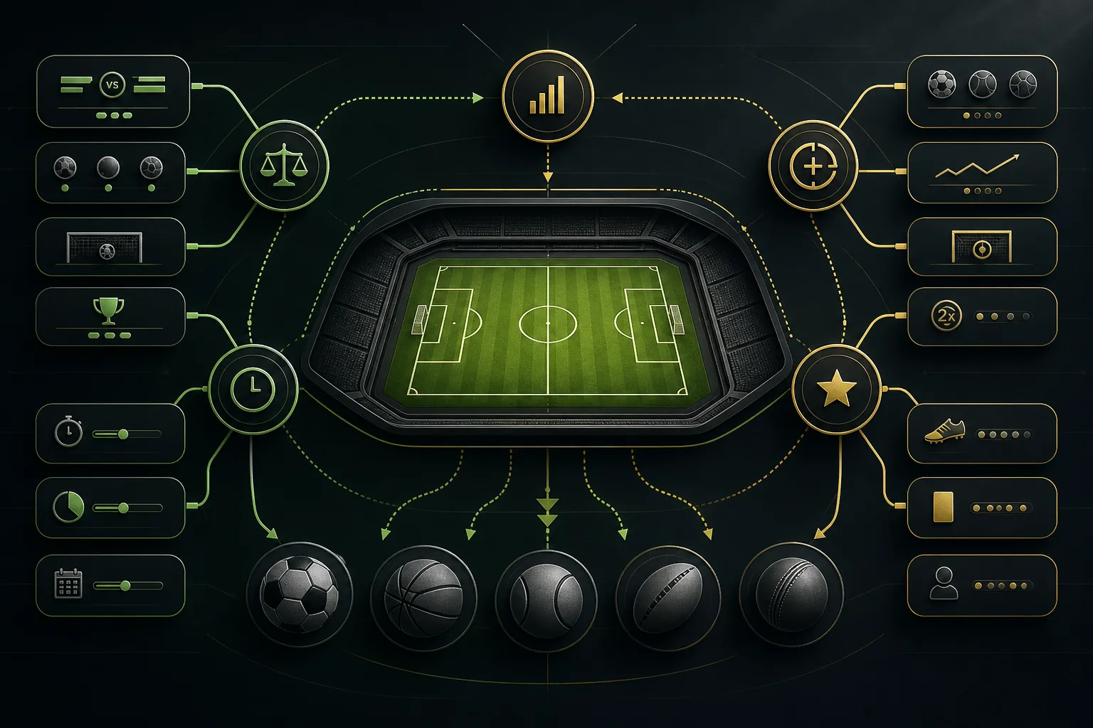 Stadium field and analytical branches illustrating common sports betting markets
