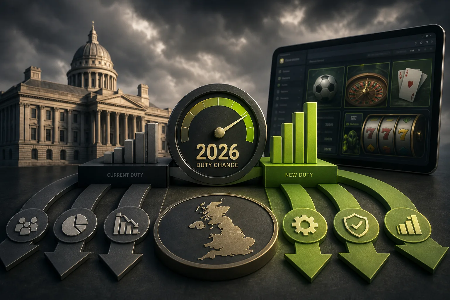 Government building, duty gauge and remote gaming screen illustrating the 2026 UK tax change