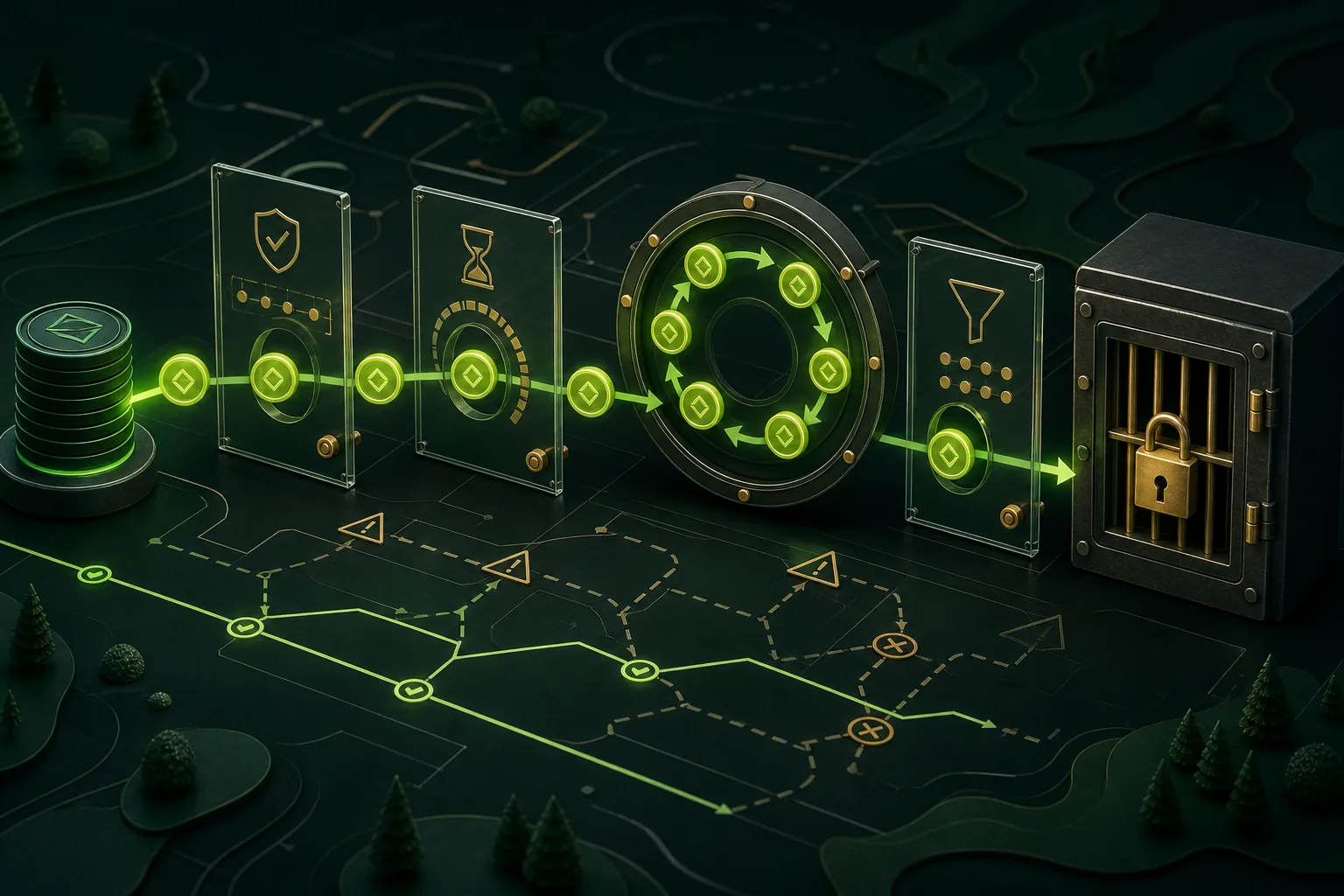 Tokens moving through rule gates illustrating wagering requirements and bonus conditions